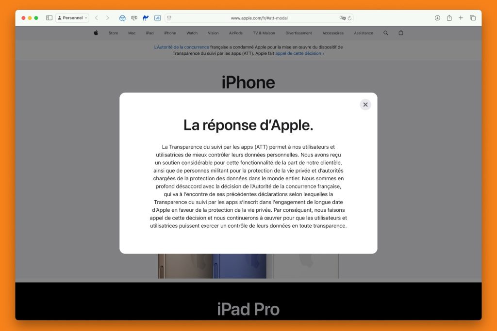 Transparence du suivi publicitaire : Apple affiche sa condamnation en France, mais maintient sa position