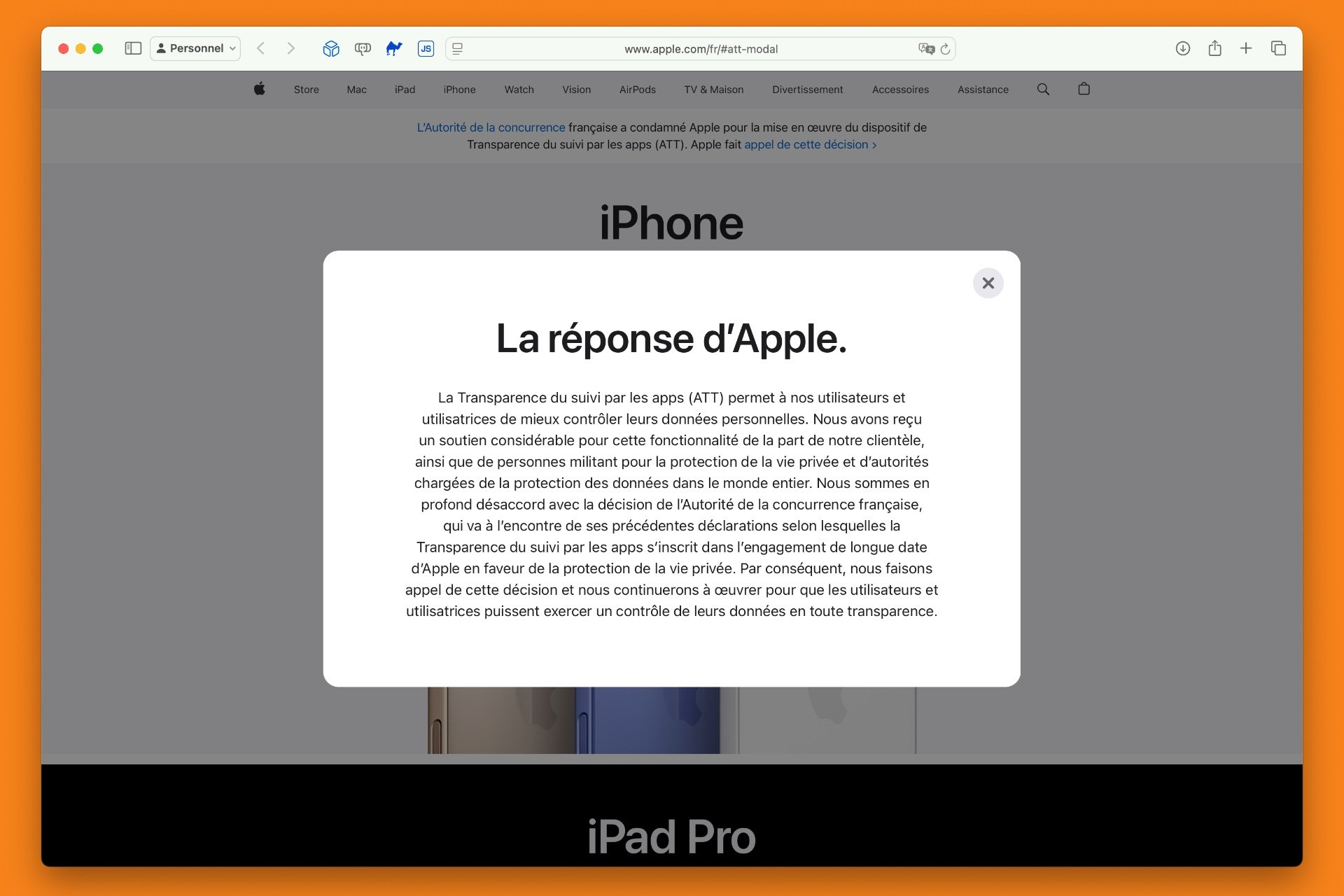 Transparence du suivi publicitaire : Apple affiche sa condamnation en France, mais maintient sa position