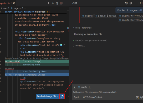 Avec l'IA, Visual Studio Code résout les conflits de fusion