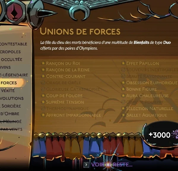 Bienfaits Duo Hades 2 : la liste complète et comment les faire apparaître pour finir la prophétie Unions de forces
