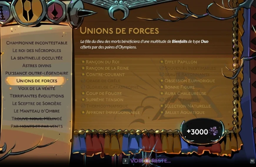 Bienfaits Duo Hades 2 : la liste complète et comment les faire apparaître pour finir la prophétie Unions de forces
