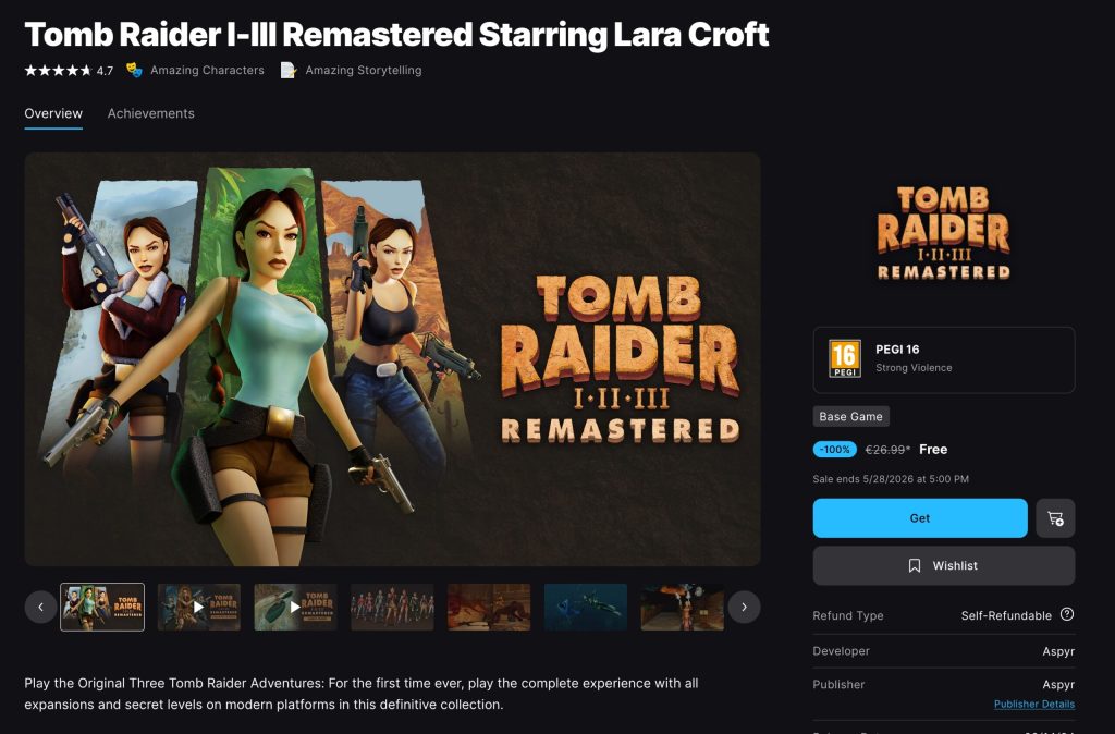 Tomb Raider 1-3 Remastered – gratuit sur Epic jusqu'au 28 mai