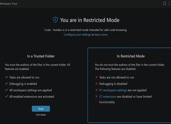 Visual Studio Code restreint l'exécution du code non fiable