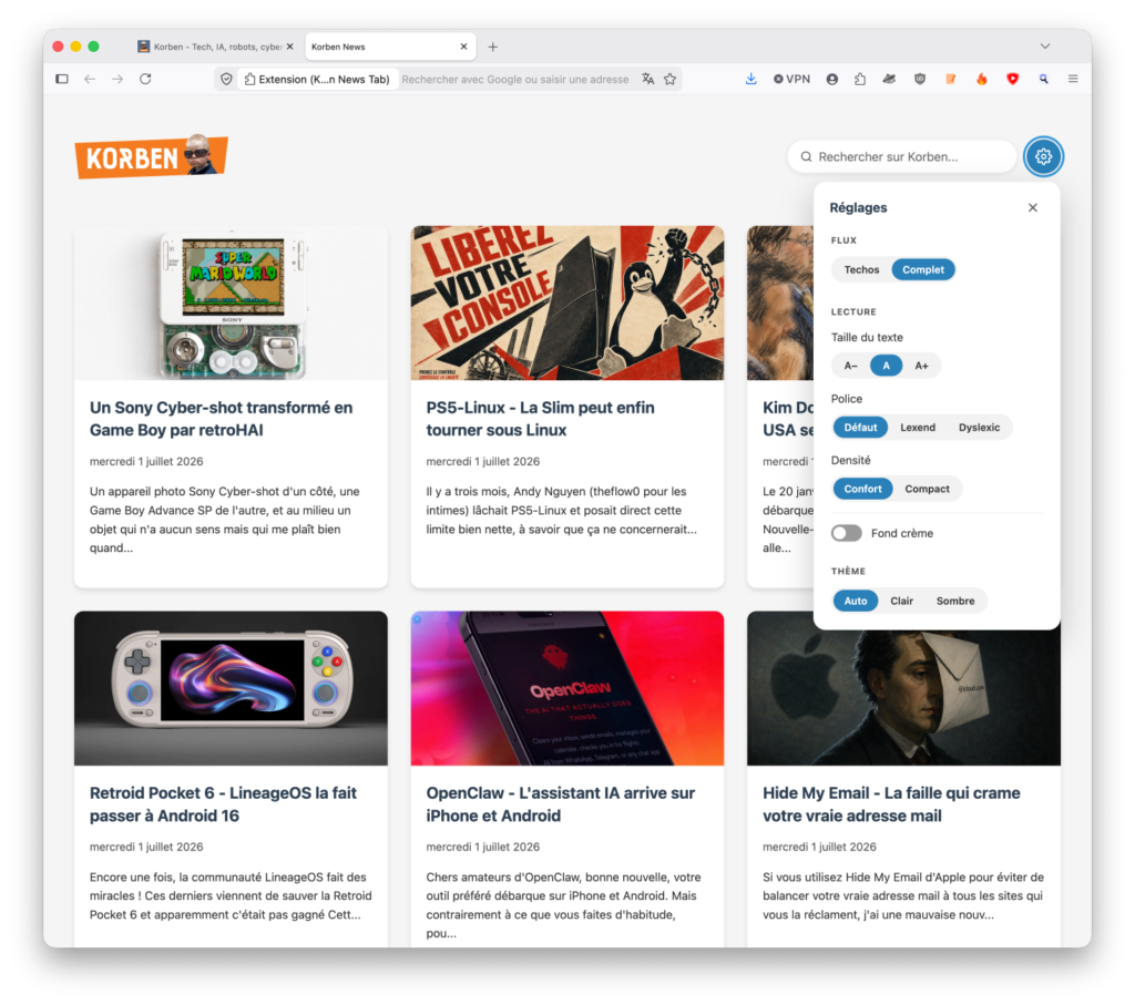 Korben News Tab – Ne ratez plus jamais un seul de mes articles